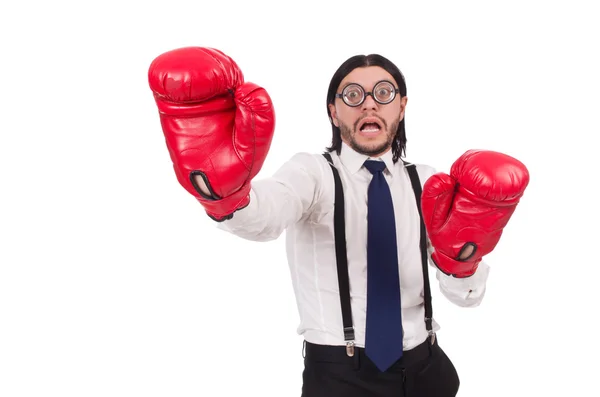 Divertente giovane uomo d'affari con guanti da boxe isolati su bianco — Foto Stock