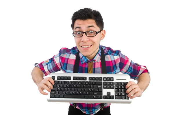 Nerd de la computadora con teclado — Foto de Stock