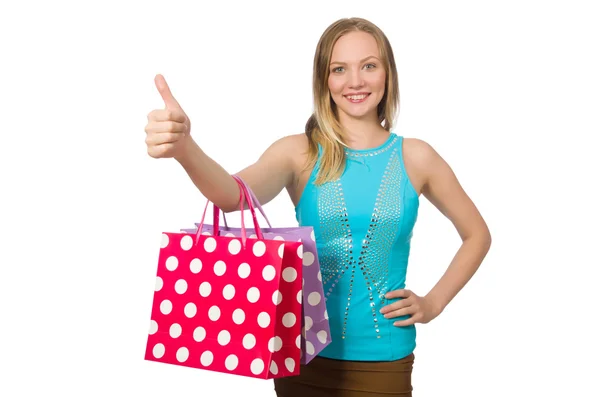 Donna con shopping bags isolata su bianco — Foto Stock