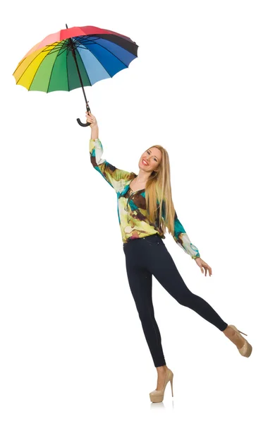 Woman with umbrella isolated on white — Stock Photo, Image