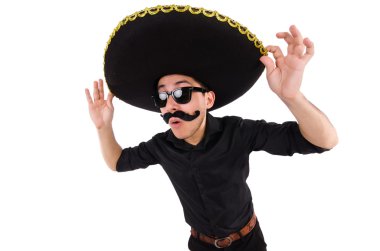 Meksika şapkası takan komik bir adam beyaz şapkalı.