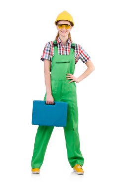 Alet çantalı bir kadın beyaza izole edilmiş.