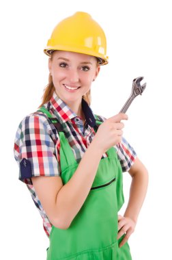 İngiliz anahtarı olan Constructon işçisi kadın beyaz üzerine izole edilmiş.