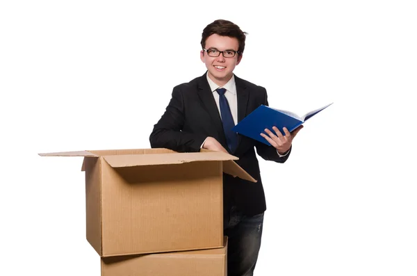 Ung affärsman i tänkande out of box koncept — Stockfoto