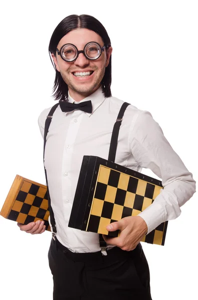 Nerd chess player isolated on white — Stock Photo, Image