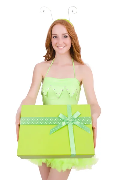 Woman with giftbox isolated on white — Stock Photo, Image