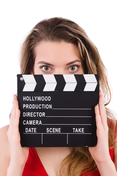 Femme avec clapperboard — Photo