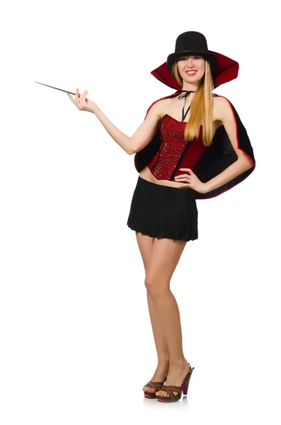 Woman magician with magic wand on white — Stock Photo, Image