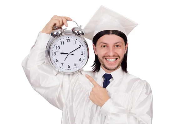 Étudiant manquant ses délais avec horloge sur blanc — Photo