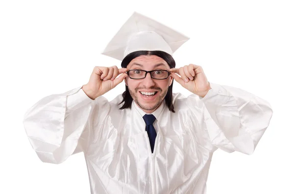 Jonge mannelijke student afgestudeerd aan de middelbare school op wit — Stockfoto