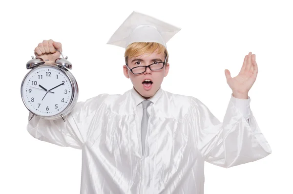 Estudiante perdiendo sus plazos con el reloj en blanco — Foto de Stock