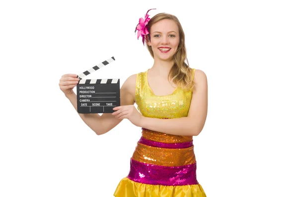 Young woman with movie board isolated on white — Stock Photo, Image
