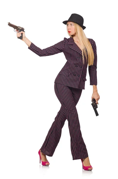 Молодая женщина гангстер с пистолетом на белом — стоковое фото