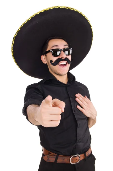 Grappige man draagt Mexicaanse sombrero hoed geïsoleerd op wit — Stockfoto