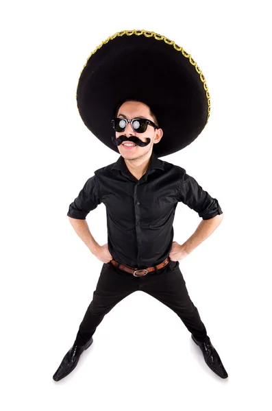 Hombre divertido con sombrero mexicano sombrero aislado en blanco — Foto de Stock