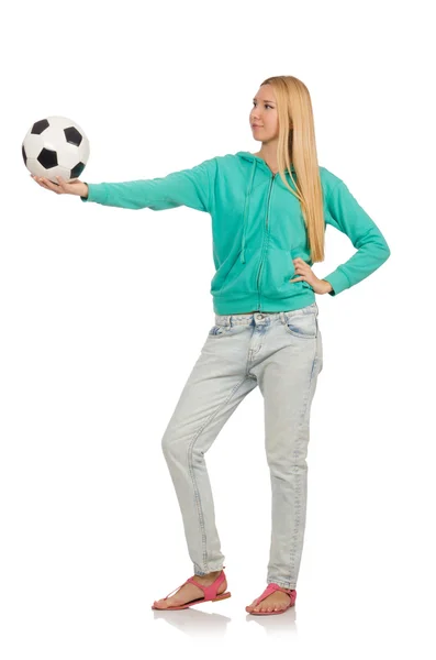 Жінка з футболом на білому — стокове фото