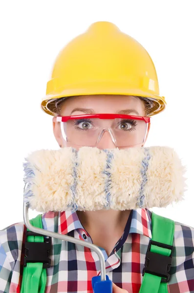 Divertente donna pittrice nel concetto di costruzione isolato su bianco — Foto Stock