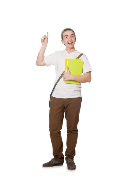 Estudante pressionando botão virtual isolado no branco — Fotografia de Stock