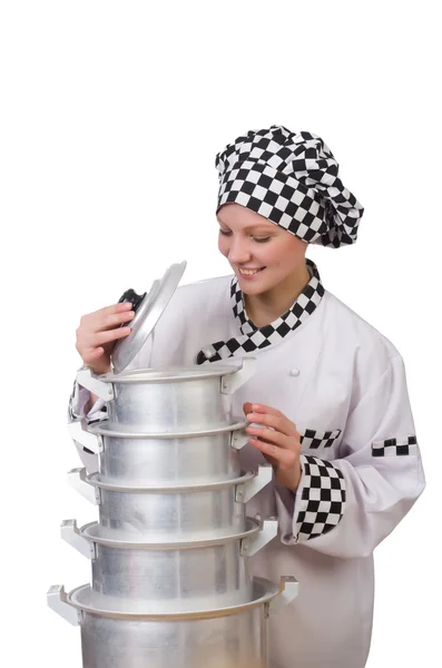 Koch mit Stapel von Töpfen — Stockfoto