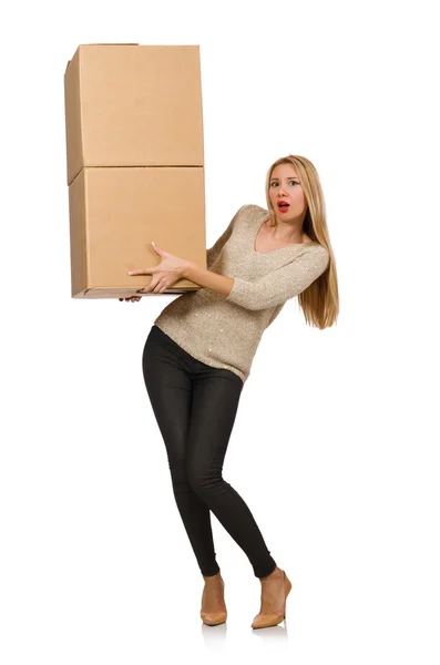 Woman with boxes relocating to new house isolated on white — Stock Photo, Image