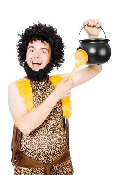 Funny caveman with pot isolated on white — Stock Photo, Image