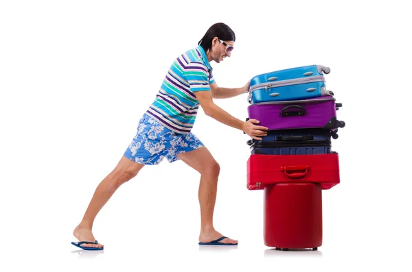 Man travelling with suitcases isolated on white — Stock Photo, Image