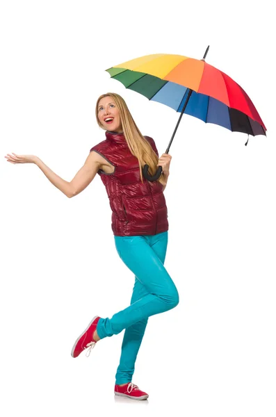 Young woman with colourful umbrella isolated on white — Stock Photo, Image