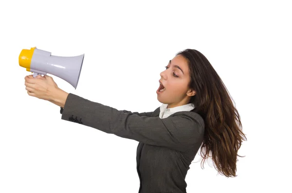 Woman with loudspeaker on white — Stock Photo, Image