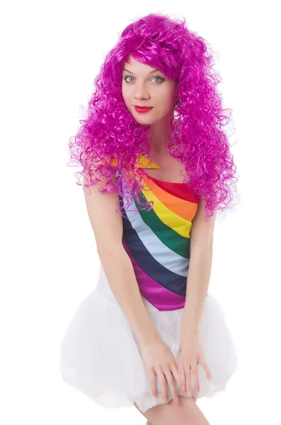 Woman with colourful wig isolated on white — Stock Photo, Image