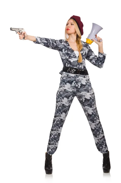 Woman soldier with gun and loudspeaker isolated on white — Stock Photo, Image