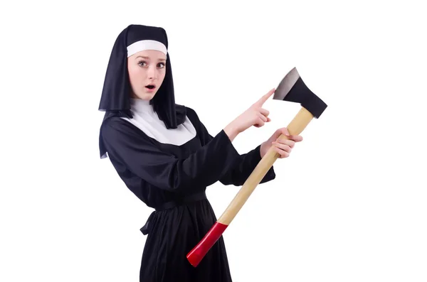 Nun with axe isolated on white — Stock Photo, Image