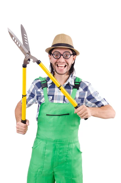 Funny gardener with shears isolated on white — Stock Photo, Image