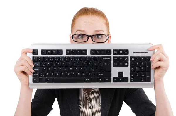 Donna con tastiera isolata su bianco — Foto Stock