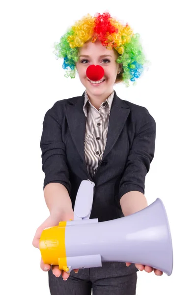 Clown donna con altoparlante — Foto Stock