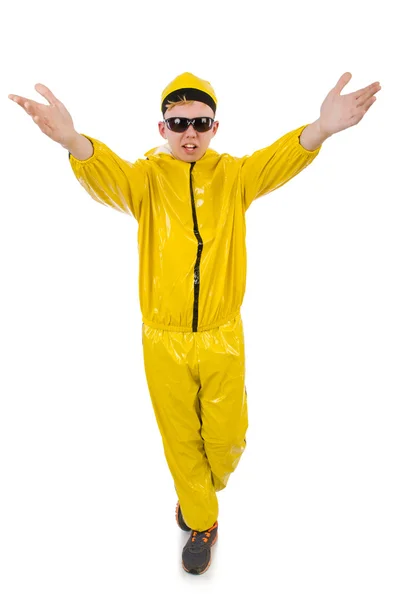 Человек в жёлтом костюме изолирован на белом — стоковое фото
