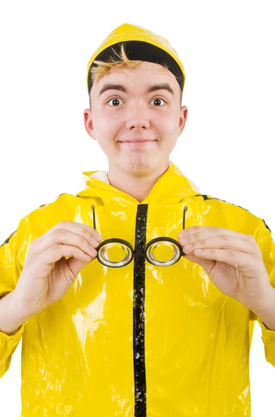 Hombre en traje amarillo aislado en blanco — Foto de Stock