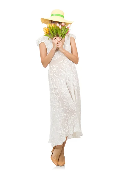 Žena v šatech v módní šaty izolované na bílém — Stock fotografie