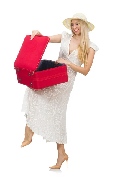 Mujer con maleta roja aislada en blanco — Foto de Stock