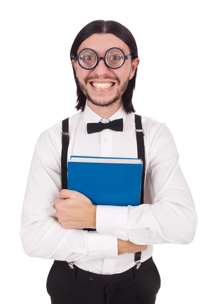 Estudiante divertido con libros aislados en blanco — Foto de Stock