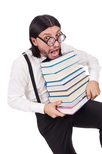 Estudante engraçado com livros isolados em branco — Fotografia de Stock