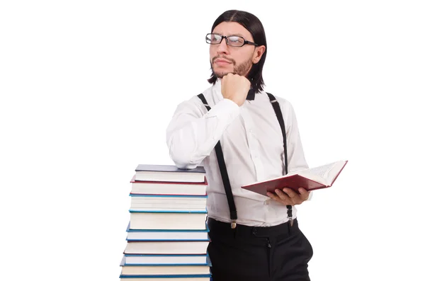 Estudante engraçado com livros isolados em branco — Fotografia de Stock