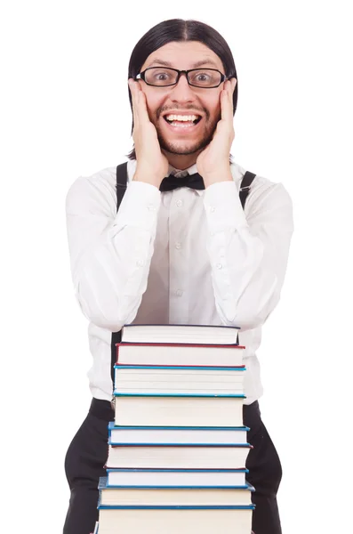 Studente divertente con libri isolati su bianco — Foto Stock