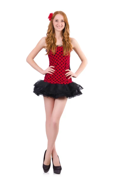 波尔卡圆点裙的年轻红发女人 — 图库照片