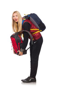 Sırt çantalı genç bir kız öğrenci beyaza izole edilmiş.