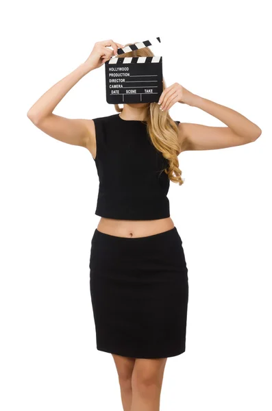 Kvinna innehav film clapboard isolerad på vitt — Stockfoto