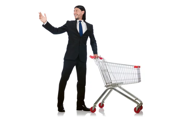 Hombre de compras con carrito cesta de supermercado aislado en blanco —  Fotos de Stock