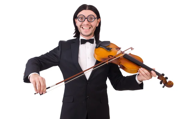 Lustiger Mann mit Musikinstrument auf Weiß — Stockfoto