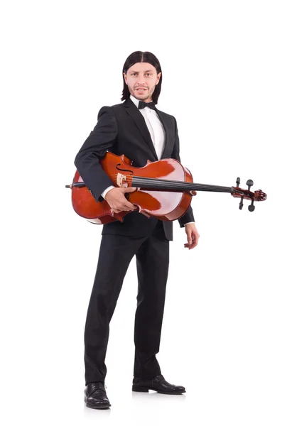 Lustiger Mann mit Musikinstrument auf Weiß — Stockfoto