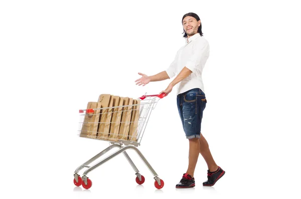 Uomo shopping con carrello supermercato — Foto Stock