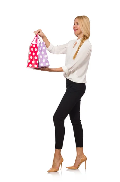 Femme après bon Noël shopping isolé sur blanc — Photo